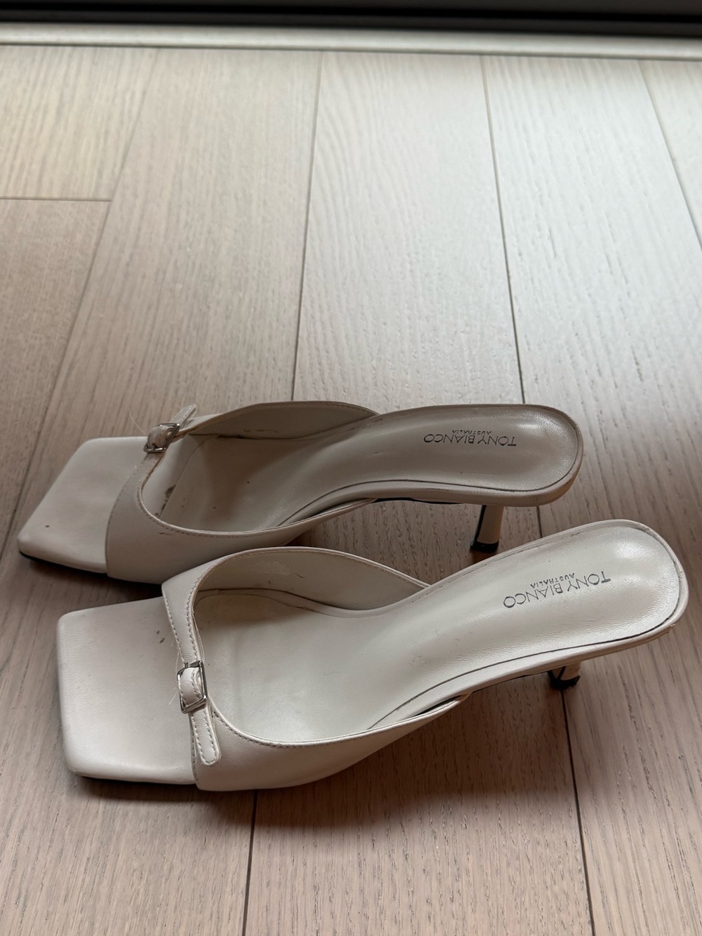 Tony Bianco Ivory Square-Toe Kitten Heel Mules